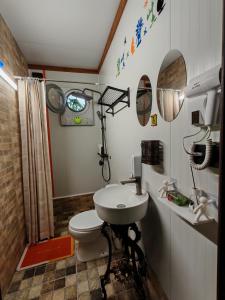 een badkamer met toilet en wastafel bij Qilimcha's Apartment with Rooftop Terrace in Telavi +51 foto's