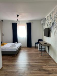 a bedroom with a bed and a desk and a television at Maison 25 in 2 Mai