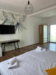a bedroom with a bed and a flat screen tv at Maison 25 in 2 Mai