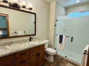 a bathroom with a toilet and a sink and a mirror at 56 Black Bear Bungalow in North Wawona +6 photos