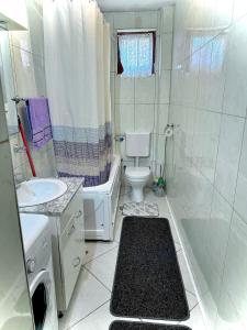 a bathroom with a toilet and a shower and a sink at Apartment Merak II in Sarajevo +11 photos