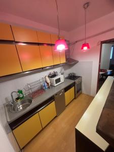 a kitchen with a sink and a microwave at Casa Katerina in Skopje