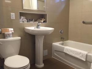 a bathroom with a sink and a toilet and a bath tub at Motel Du Chevalier in Gatineau