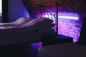 a bed in a room with a purple lighting at Zöld Éden Kabin in Makó