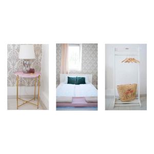 three pictures of a bedroom with a bed and a table at R.Gold Apartman in Makó