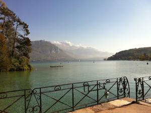 a view of a lake with mountains in the background at le studio du lac in Annecy