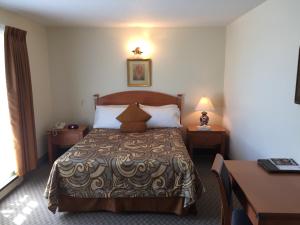 a hotel room with a bed and a desk at Motel Du Chevalier in Gatineau