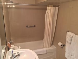 a bathroom with a sink and a bath tub with a shower curtain at Motel Du Chevalier in Gatineau