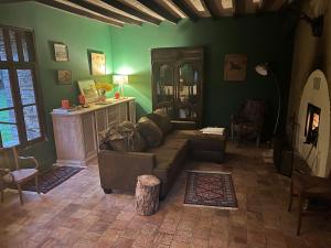 a living room with a couch and green walls at Charmant corps de ferme réhabilité en Mayenne in Daon