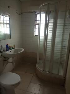 une salle de bains avec douche, toilettes et lavabo dans l'établissement Thalia Appartement, à Nairobi
