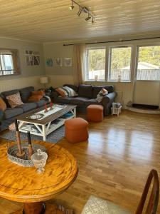 HenånSpacious and well-equipped的客厅里有一张沙发和一张桌子。