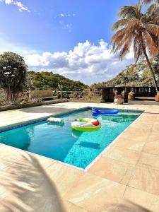 einem Pool mit zwei aufblasbaren Röhren in der Unterkunft Charming Private Cottage in Gated Estate in Belmont