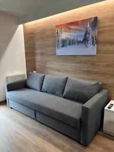 a couch in a living room with a picture on the wall at Soleneve in Passo del Tonale