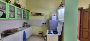 a kitchen with green cabinets and a refrigerator at Bujtina Trofta Jone in Shëngjin +15 photos