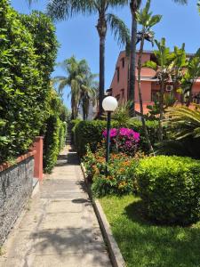 a street light in a garden with flowers and palm trees at Orchidea Bianca in Giardini Naxos