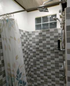 a bathroom with a shower with a shower curtain at Maison de Gelo in Rodriguez +20 photos