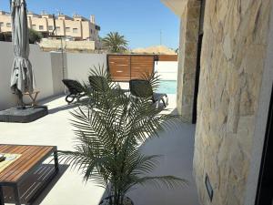 a palm tree in a planter on a patio at Luxury pool villa CLRC in Bigastro
