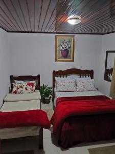 a bedroom with two beds and a red blanket at Casa Florânia, Campos do Jordão in Campos do Jordão +7 photos