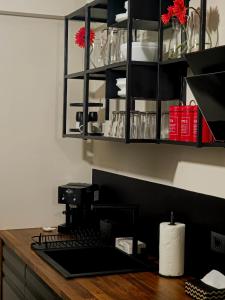 Un mostrador de cocina con una máquina de café sobre un escritorio. en Dimora Cannavini, en Castel di Sangro