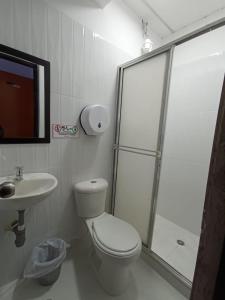 a bathroom with a shower and a toilet and a sink at Hostal las vegas Malaga in Estación El Salto