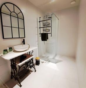 a white bathroom with a sink and a mirror at Appartement 2 pièces, La tannerie in Wissembourg +15 photos