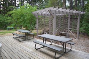 2 Picknicktische und ein Pavillon auf einer Holzterrasse in der Unterkunft Chalet Continental Motel in Valemount