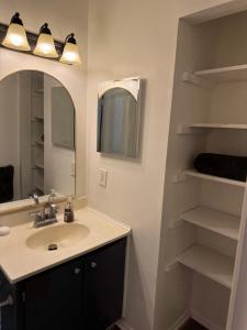a bathroom with a sink and a mirror and shelves at Near To CCBC ESSEX Private Room 201 in Parkville