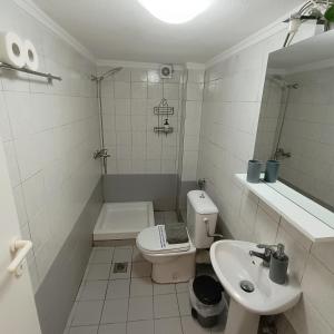 a white bathroom with a toilet and a sink at R&T Apartments in Kallithea Halkidikis