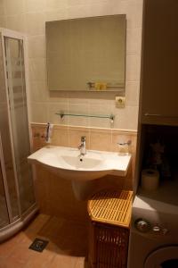 a bathroom with a sink and a mirror and a shower at Cezar Holiday Home in Sveti Stefan