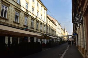 een straat met gebouwen en mensen die over straat lopen bij B&B Cool Centre Zagreb in Zagreb