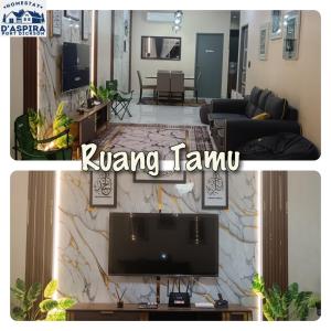 a living room with a tv and a living room with a couch at Homestay D'Aspira, Port Dickon in Port Dickson