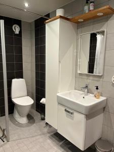 a bathroom with a white sink and a toilet at Skräddarhuset - Lilla huset in Bonnarp