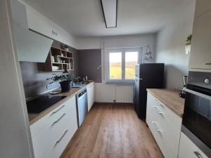 a kitchen with white cabinets and a black refrigerator at Waldblick-Nest in Löwenstein