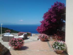 a patio with purple flowers and a view of the ocean at Elies Houses in Agnontas