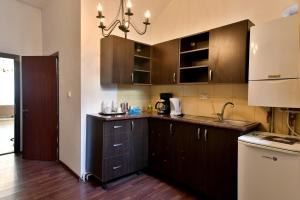 a kitchen with dark wood cabinets and a sink at Da Vinci in Braşov
