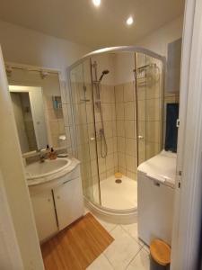 un bagno con doccia, lavandino e WC di Maison de plage avec grande terrasse privée a Leucate Plage