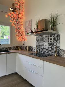 Saint-Vincent-de-PaulにあるMaison M Intime Roomの白いキャビネットと黒と白のタイルが備わるキッチン