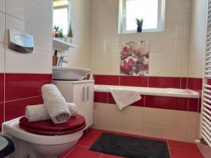 a red and white bathroom with a toilet and a sink at Avantgarden Studio Brasov in Braşov