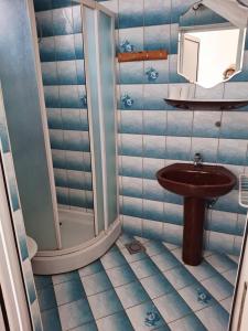 a bathroom with a sink and a shower at Apartman OAZA 3 in Ulcinj