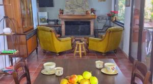 a living room with a table and chairs and a fireplace at B&B Casa te la Bradamante in Magliano