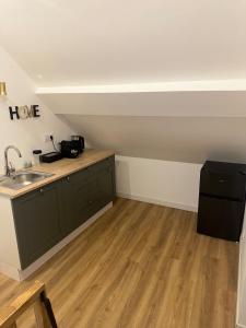 a kitchen with green cabinets and a sink at Spa home, Hammam in Prénouvellon