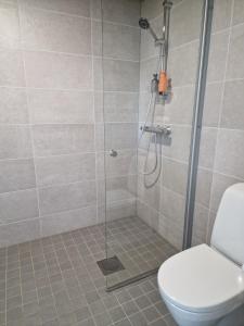 a bathroom with a shower with a toilet at New Center City Home in Kuopio