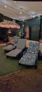 zwei Betten und ein Sonnenschirm auf dem Rasen in der Unterkunft haut de Villa Fumseck climatisé in Toulon