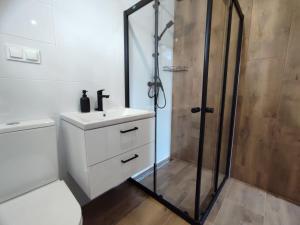a bathroom with a shower and a sink at Świerkowy Las in Sanok +6 photos