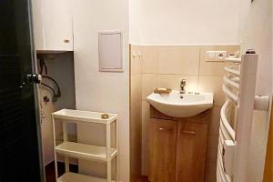 a small bathroom with a sink and a toilet at Apartmán Veles Banská Štiavnica in Banská Štiavnica +37 photos