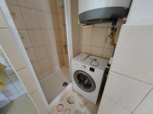 a small bathroom with a washing machine and a shower at Chalupa Chotěboř in Chotěboř