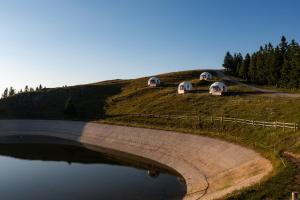 two domes on a hill next to a body of water at Stargazing Glamping Domes Golte in Mozirje +23 photos