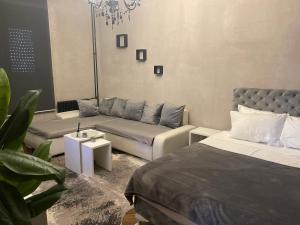 una sala de estar con una cama y un sofá en Okapi stays, en Belgrado