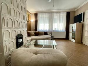 a living room with a couch and a fireplace at Margaret Apartment in Balatonkeresztúr