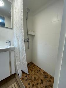 a shower curtain in a bathroom with a sink at At the Burkulis' in Ljubljana +57 photos